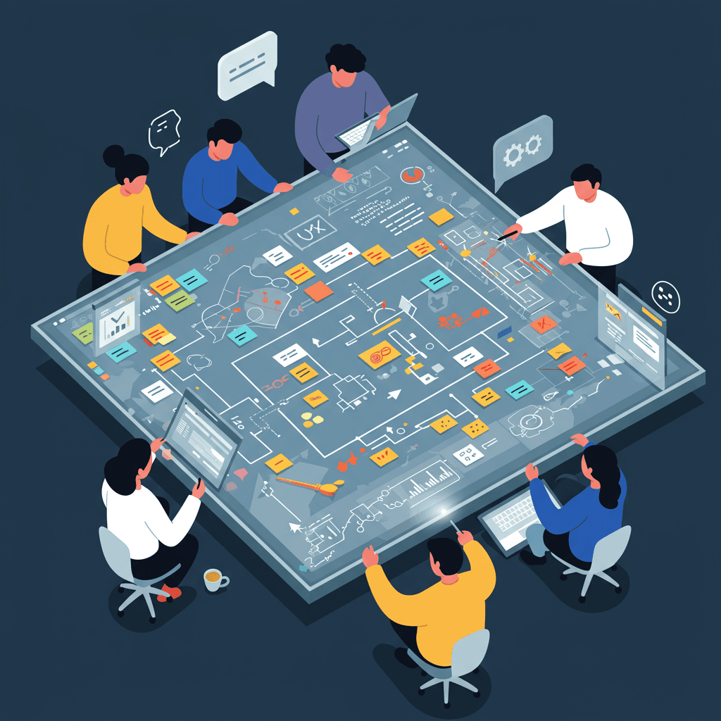 Overhead shot of a diverse team actively collaborating around a large whiteboard with architectural diagrams