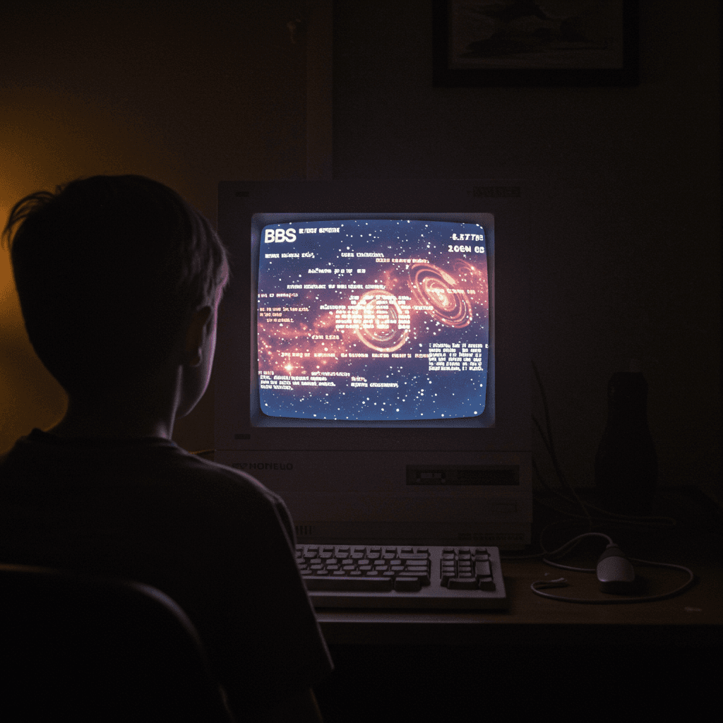 A nostalgic, slightly grainy, dimly lit scene: a young boy, seen from behind, captivated by the bright light