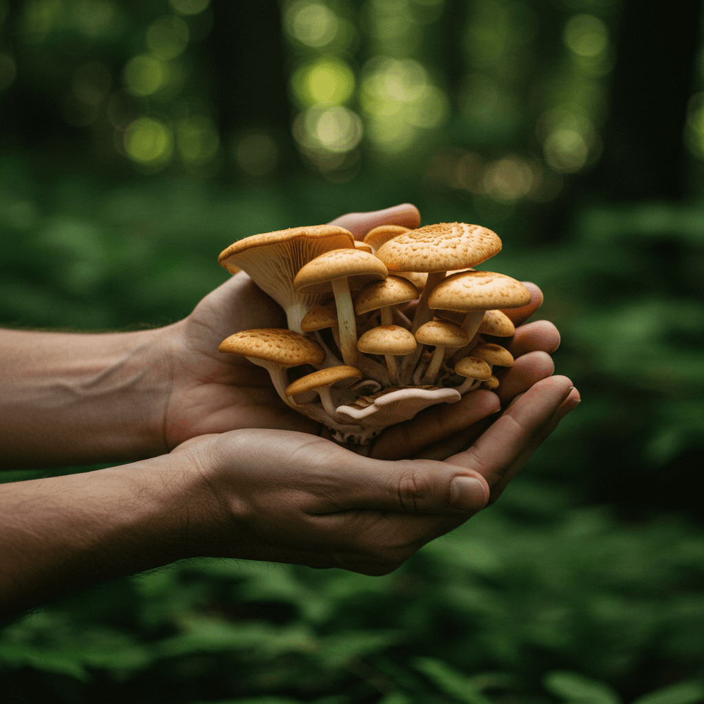 A serene, close-up shot of a person's hands gently cradling a cluster of mushrooms